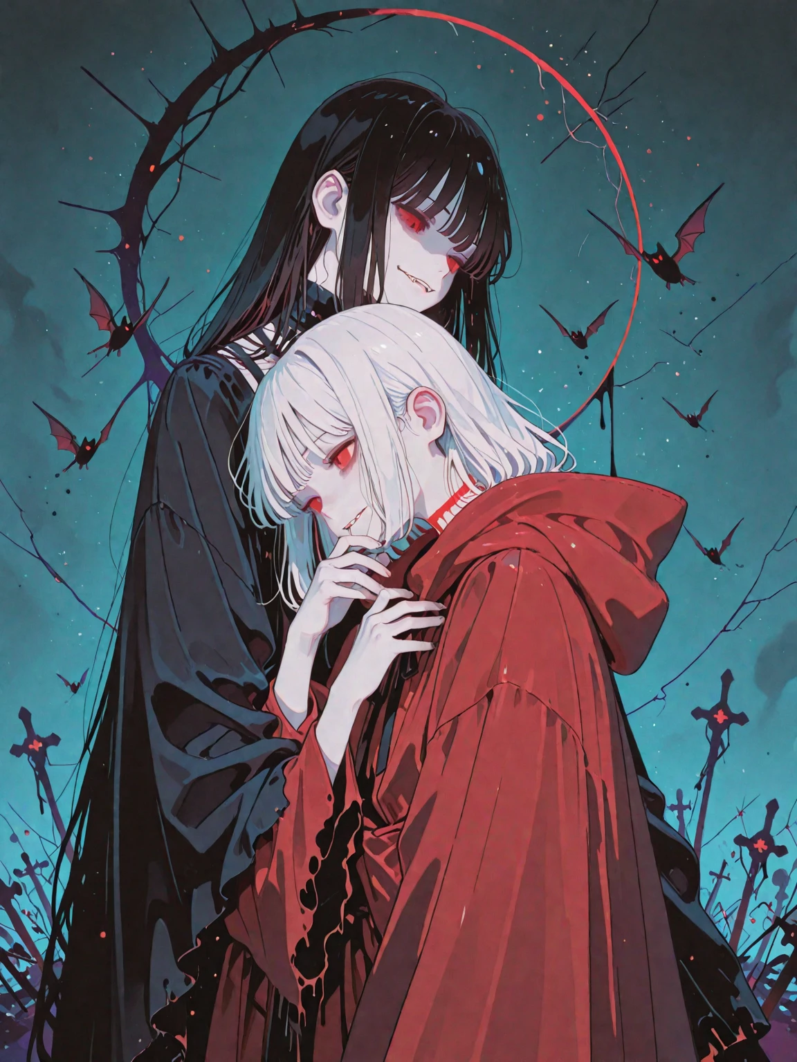 A vampire couple locked in an intense embrace. The tall male vampire with long black hair and pale skin is gently biting the neck of the female vampire, who has short white hair and an expression of pleasure and surrender. Their bodies are wrapped in a swirling dark and red cloak that blends into the surrounding shadows. From the base of the cloak, a gothic, shadowy kingdom emerges—formed from darkness and penumbra. Above them, a flock of bats circles and flies, adding movement and eerie elegance to the romantic, haunting scene.