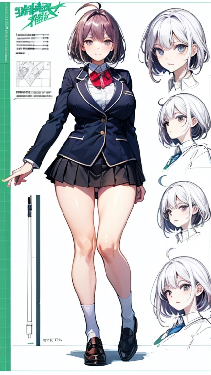 girl, alone, whole body, From head to toe, Are standing, (Huge_chest:1.3),
Character design sheet, Character Reference Sheet, 設計図のSchematic, Drafting, Blueprint, Schematic,
((Character design sheet:1.7, Character Reference Sheet:1.7,)),
anime/cartoon character wearing a girls , 1girl, alone, Thigh-high socks, blazer burezaa (blazer), Ahoge, Long Hair, bow, , shoes, loafers, ribbon, (Very short skirt:1.4), (panties:1.5),, (Good:1.5),In underwear:1.5,nsfw