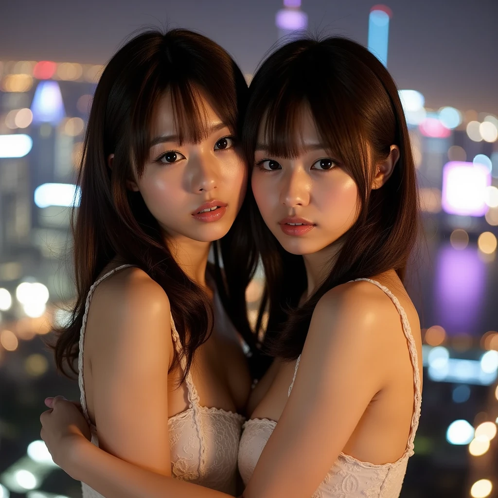 Identical twin sisters kissing、(Upper Body:1.4), Goth Fashion, Dystopia, Tokyo, Minimum, Harmony, Tranquility, Cinematic Light, Magic Hour, A strong wind is blowing, woman overlooking the city, thin, Floating Medium Hair, Diffused, Natural skin glow, bangs, Deep Shadow, Gothic Punk, masterpiece, Highest quality, RAW Photos, Sigma 50mm f1.4, Frank, 24-years-old