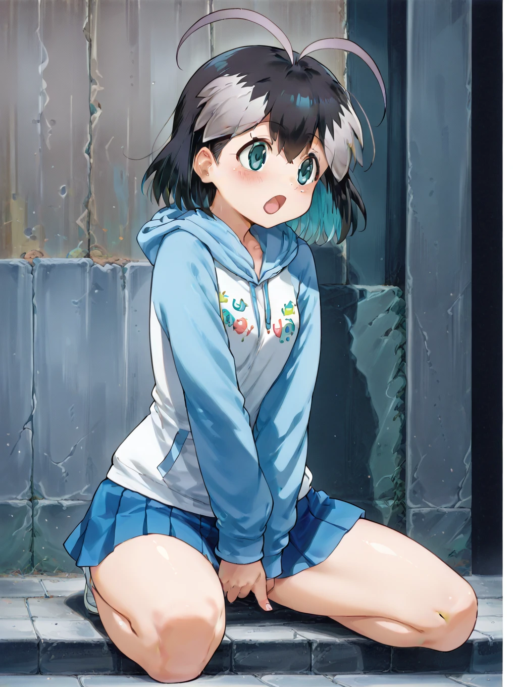 absurdres, masterpiece, best quality:1.2),illustration,8k,hd,ursula (takunomi),1girl, solo, blush, smile, closed mouth, (dark-skinned girl, dark tanned skin):1.5, sunburn:1.4, grey hair, long hair, red eyes, ((dragon horns)), small breasts, dark tanned shiny wet skin, blue cardigan, white shirt, red bowtie, blue skirt,sitting, squatting, looking at the viewer, light rays, (((sitting, squatting))), (torn navy buruma, bloomers), cutout white shirt, navel, underboobs, lying, spreading legs, (((torn clothes, wet clothes))), ((long black loose socks)), peeing, peeing over bloomers,peeing,Beauty,highres, (good anatomy),hentai,masterpiece,ursula,girl,best quality,pee, peeing over bloomers, (spreading pussy by fingers), (bukkake), cum on body, cum on legs, cum on clothes, cum on face