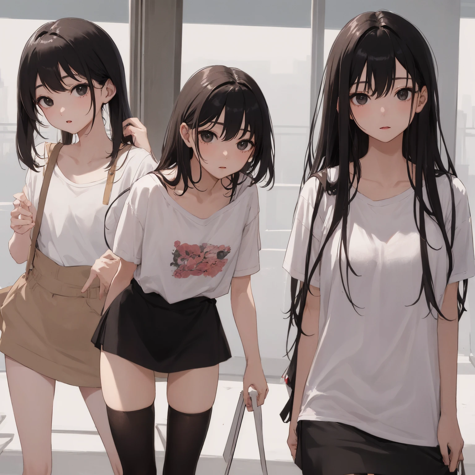 (superflat, flat shading, flat colors:1.1), (3girls:1.4), (locker room), asian girls, young teen, (school uniform) , slim, small breast, dark hair, ((looking over a shoulder:1.4)), white panties, (mini skirt:1.1), (low angle:1.3). minimal detailing, limited vibrant color palette, serene expressions, peaceful introspection, subtle washes of pastel colors, modern Nordic design, understated elegance, simplicity and purity, tranquil atmosphere, digital painting, ultra fine, (no panties:1.4), sitting, (spread legs:1.3), (pubic hair:1.4)
