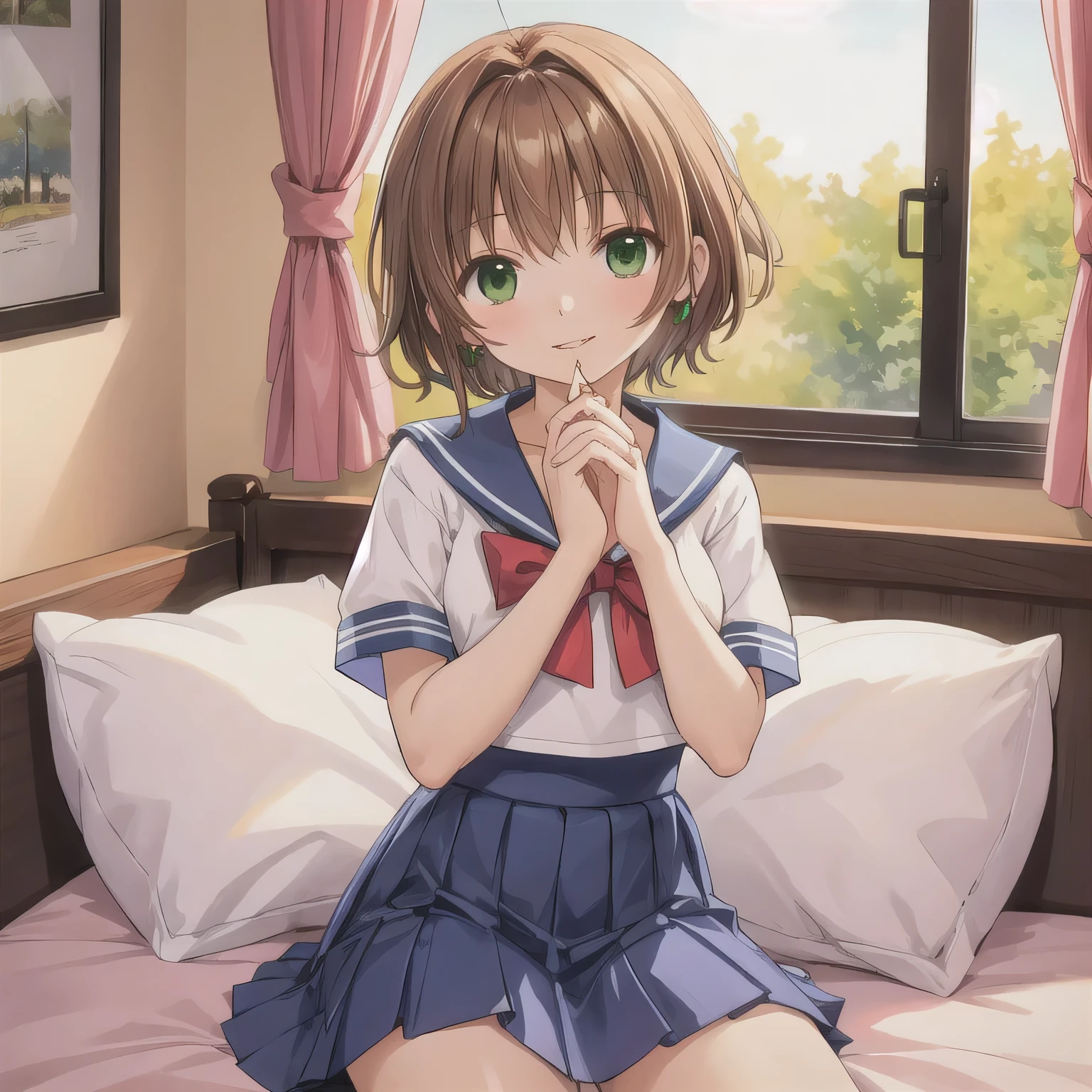 A cute girl wearing a Japanese schoolgirl sailor uniform. She is sitting on a bed in a cozy, plush-filled girl's bedroom. Her hands are lightly clasped in front of her mouth, as if holding something invisible. Her expression is dreamy and happy, with slightly parted lips, giving the impression she's about to take a bite of something delicious, though no food is shown. short hair, brown hair, green eyes.