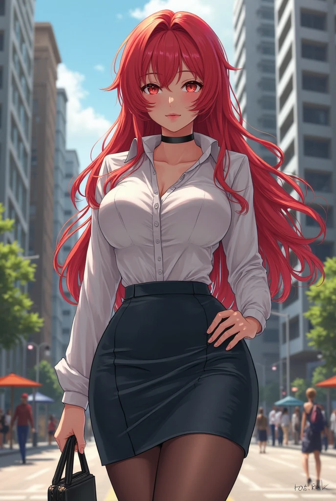 ((masterpiece, best quality, ultra-detailed)), 1girl, beautiful business woman walking in city back turned, smiling, blush, wearing pink blouse, blazer, bracelet, necklace, black midi pencil skirt, black suit skirt, heels, full body, wavy red hair, wide hips