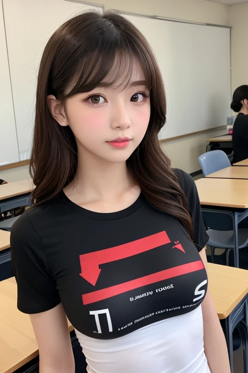 beautiful girl, One Girl, (Cropped T-shirt and low-rise denim hot pants:1.3), (16yo:1.3), break, (classroom:1.2), break, Shy laugh, Very beautiful eyes, (Symmetrical eyes:1.3), break, (D cup Breasts:1.2), Brown eyes, Parted bangs, Brown bob cut hair, Round face, cute, break, (Eye and facial details:1.0), Spread your legs, Shooting from below, Pussy Line, Camel Toe, Looking into the camera, masterpiece, Highest quality, RAW Photos, Realistic, Cute people, Written boundary depth, High resolution, Very detailedな, In detail, Very detailed, Very detailed目と顔, Sharp pupils, Cinema Lighting