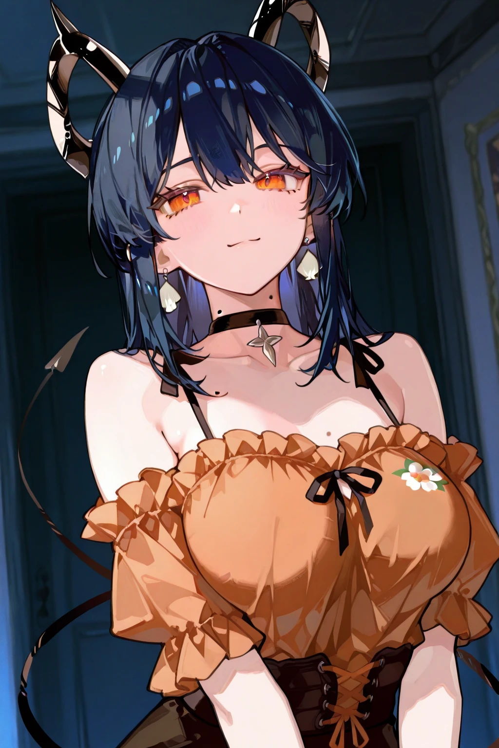 1girl, masterpiece, best quality, illustration, miracle tou, indoors, upper body, black dress, hair ornament, flower, cleavage, jewelry, looking at viewer, evil smile, , black hair, red eyes ,  naked breast, flat breast, big nipples, pointy nipples, evil grin, pale skin, white skin, big areola, white color areola, white color nipples, 