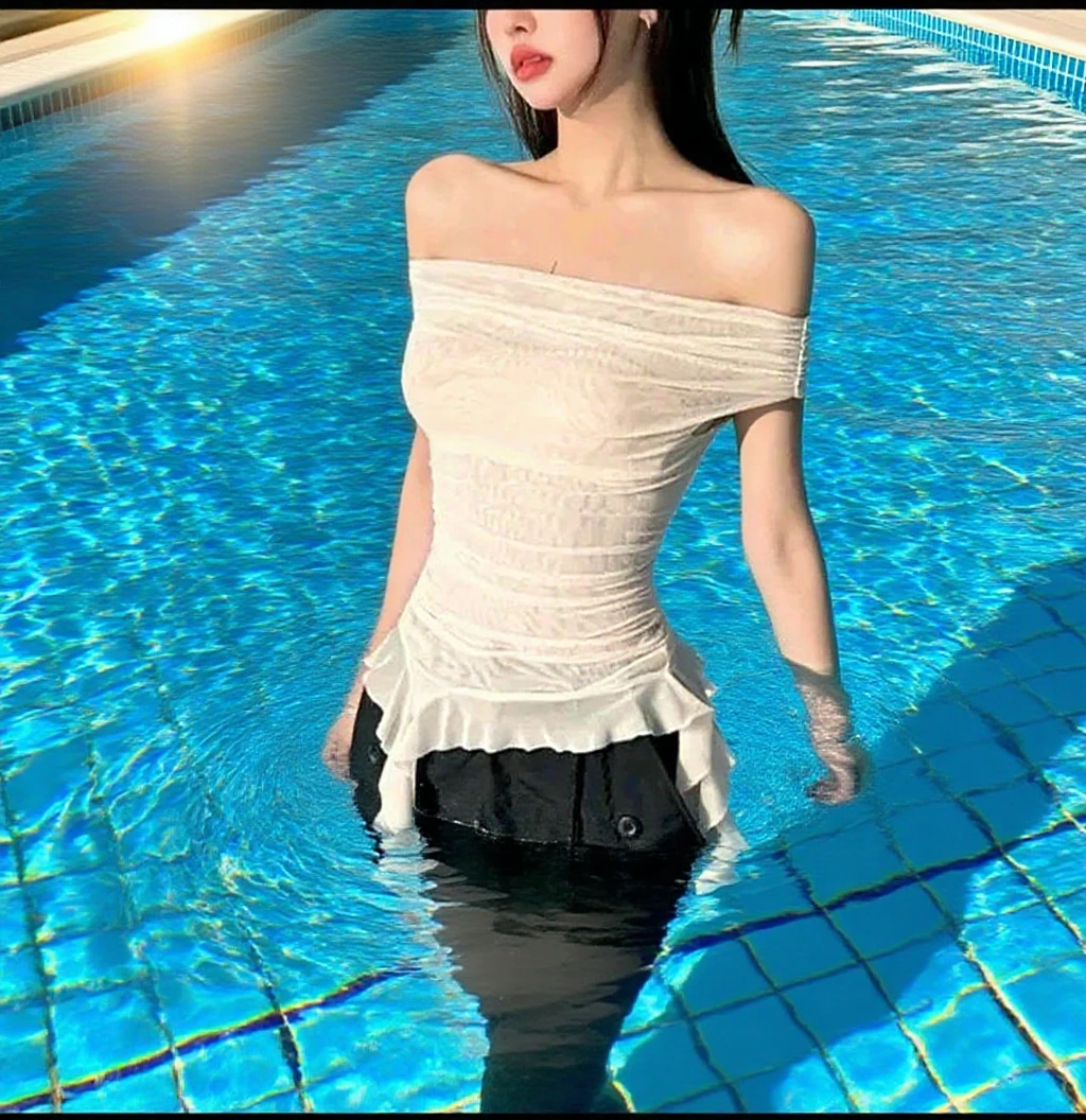 high quality, realistic, Korean woman, 23 years old, incredibly beautiful face, Slender, Great body, skirt type bikini, model pose, look ahead, a little smile, curved waist, attractive pelvis, shiny thighs, shining skin, wet body, wet hair, Manicured fingernails and toenails, anklet, bracelet, necklace, sandal, natural makeup, In front of outdoor pool, outdoor pool party, full body
