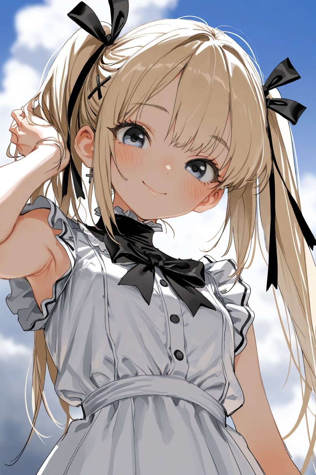 10 years old、blonde, Long Hair, blue eyes, Black hair ribbon, Two Bows, Light blue shirt, white shorts, Black leggings, Happy, Hilarious, Day, outside, White shoes, flat, short, Are standing