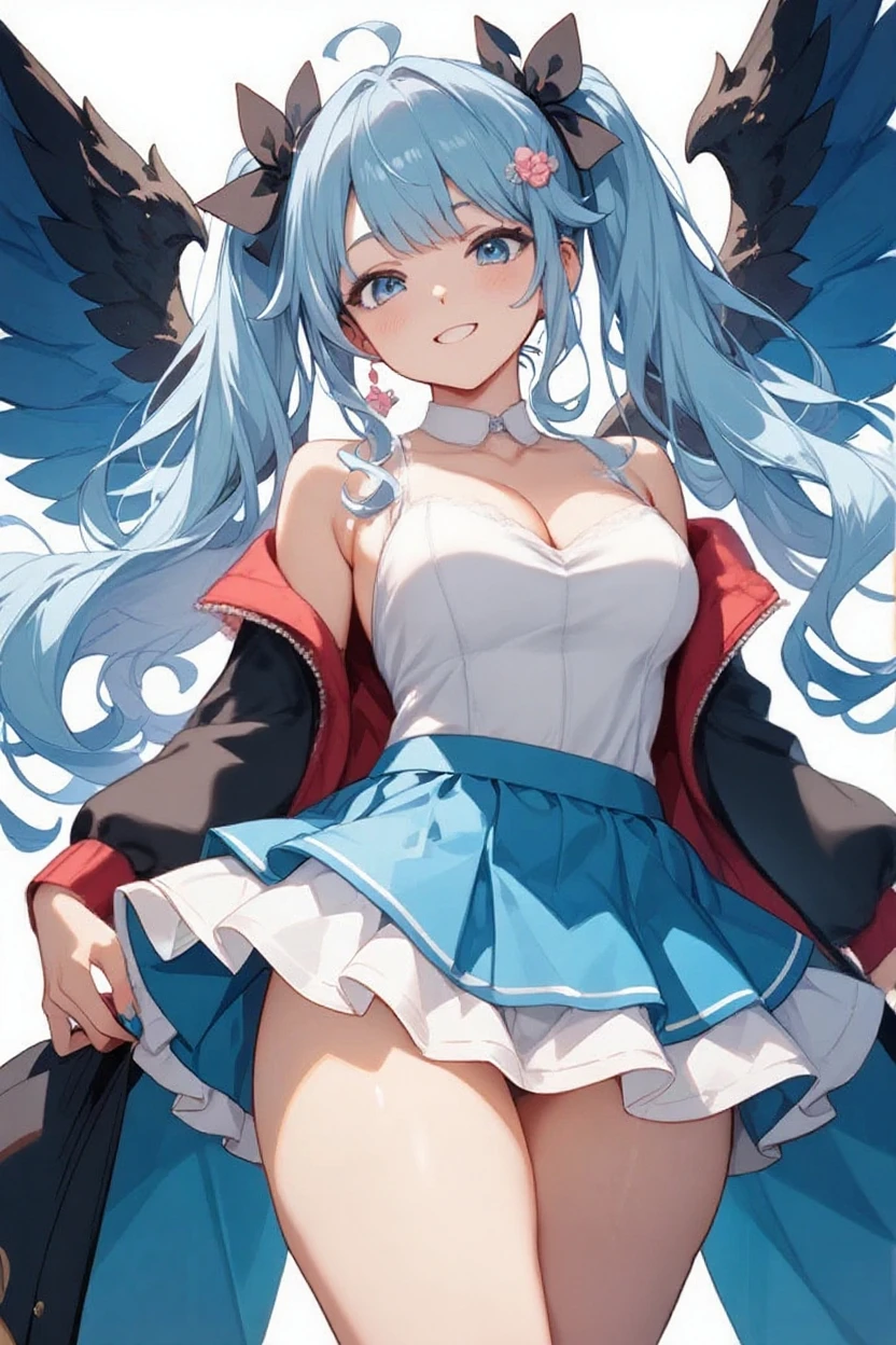 score_9, score_8_up, score_7_up, score_6_up, score_5_up, score_4_up, CluchHHXL, red eyes, blue hair, forehead, hair bow, blue bow, hair ornament, earrings, blue chocker, medium breasts, white wings, two wings, cleavage, blue bikini top, bare shoulders, navel, blue bridal guantlets, blue shorts, short shorts, black knee boots, (solo), standing, looking at viewer, indoors