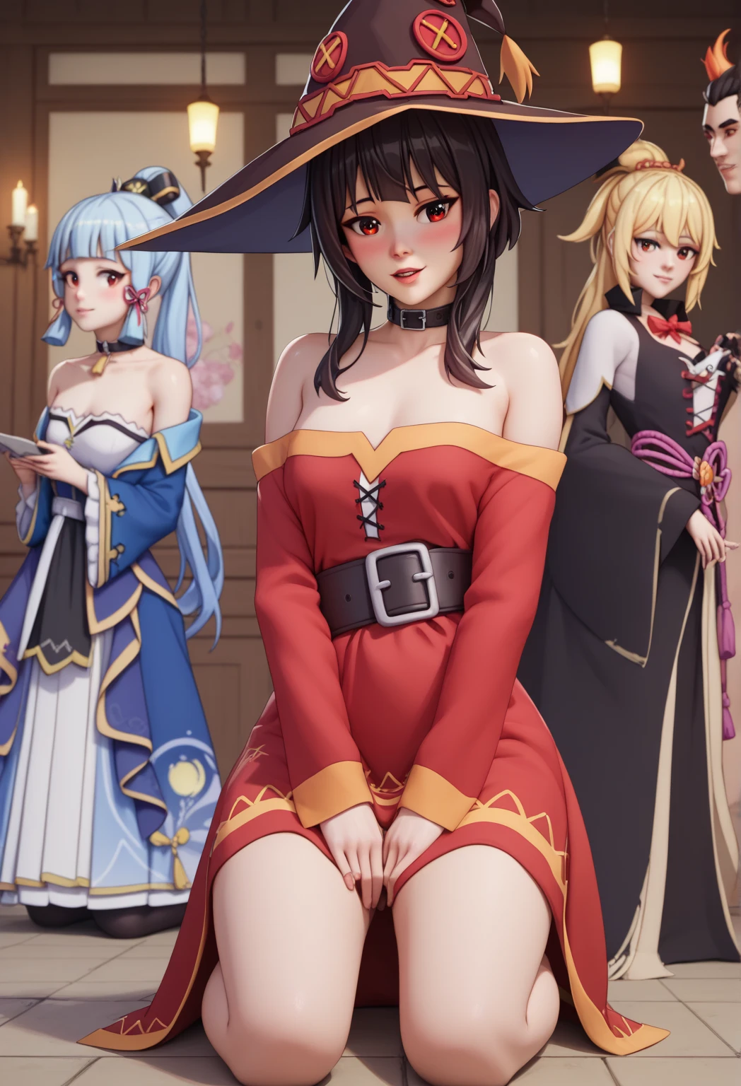 Anime characters in costume drawing in the forest, anime in fantasy style, :14 80s anime style, anime style like fate/Stay Night, Anime princess, my dress up darling anime, anime styled, Gainax anime style, witch academia, anime party of friend of wisdom, 9 0 s anime art style, cel shaded anime、Erotic、Colossal tits