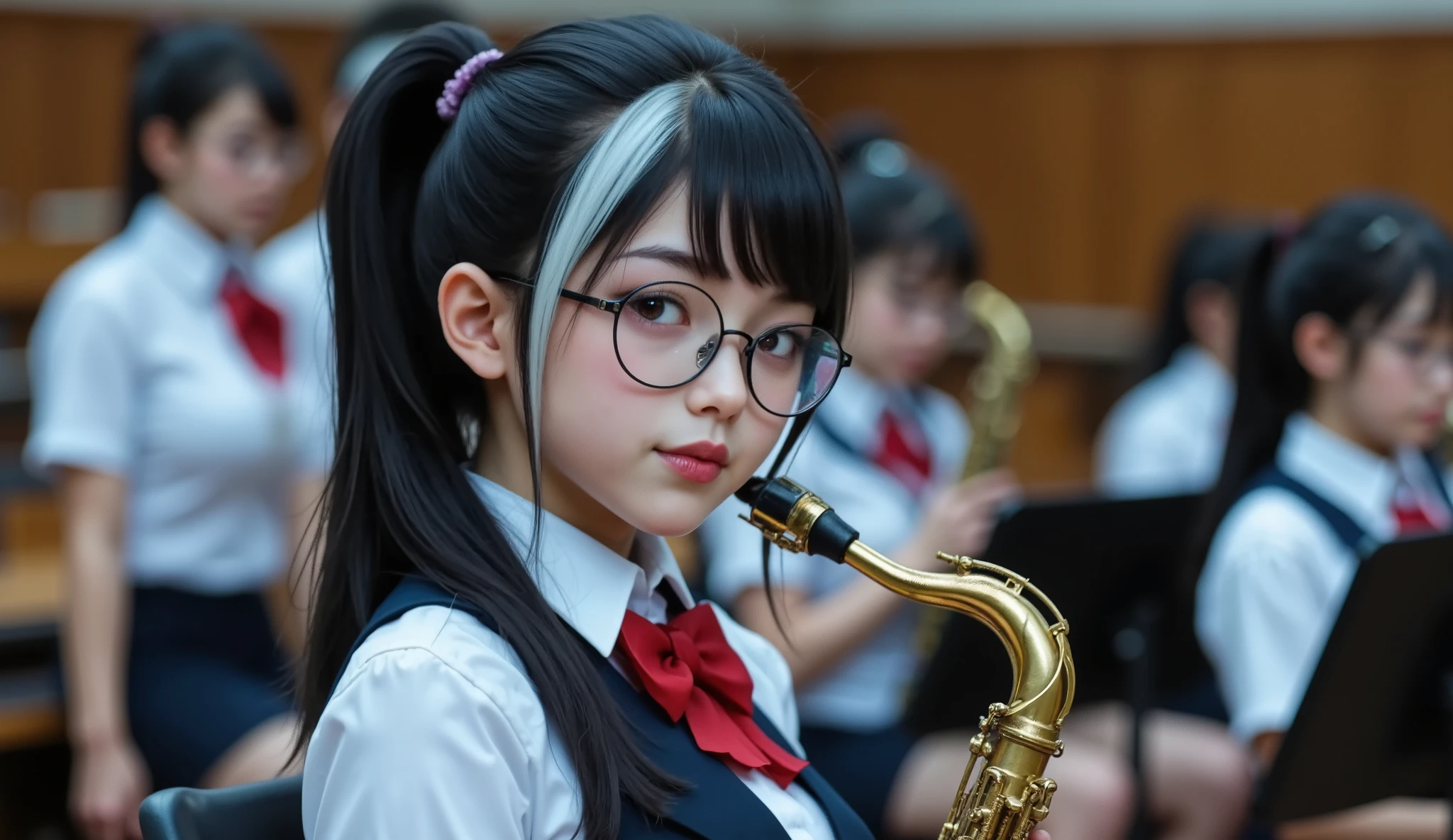 (masterpiece, best quality:1.2), Rikki , Rikka , 1girl, 12yrs old , early teenager , black hair platinum streak highlight, cute , a little sexy , a little nerdy , goofy , high school uniform , twin-tails , thick rim glasses, solo , depth of field, blur foreground , full body , detail surroundings , high school band room , terraced seating , holding alto saxophone , other students with instruments