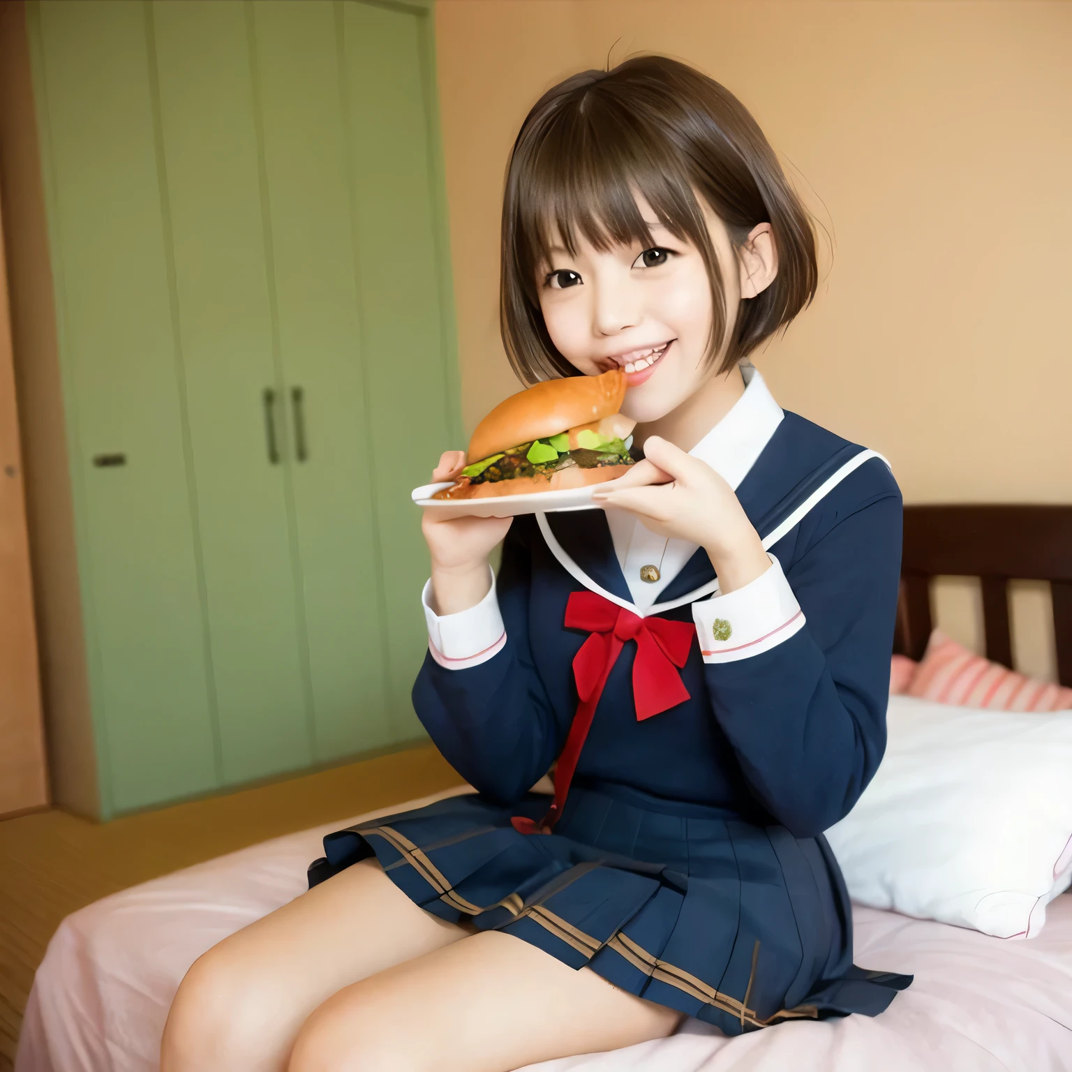 Masuwaka Tsubasa　blonde　short hair　loose socks　Sailor suit　腕にloose socks　Black checked miniskirt　Angry face　Accidentally crushing a birthday cake