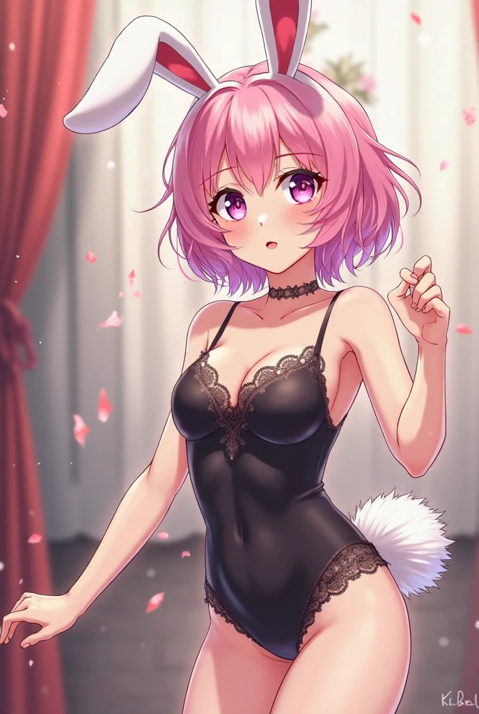 Create an anime-style close-up of a character with cute and playful features. The character has short, light purple hair, cat ears, and large expressive eyes with vibrant, shimmering hues. The character's face is slightly blushed, expressing a mix of tenderness and light playfulness. A black choker with a round pendant is worn around the character's neck. The overall tone is soft and pleasant, focusing on the details of the character's face, eyes, breasts and belly to create a warm and friendly atmosphere. The background is white or minimalist to keep the focus on the character, nude and open belly, nude open breasts, hands behind the head, smaller breasts, showing nude feet
