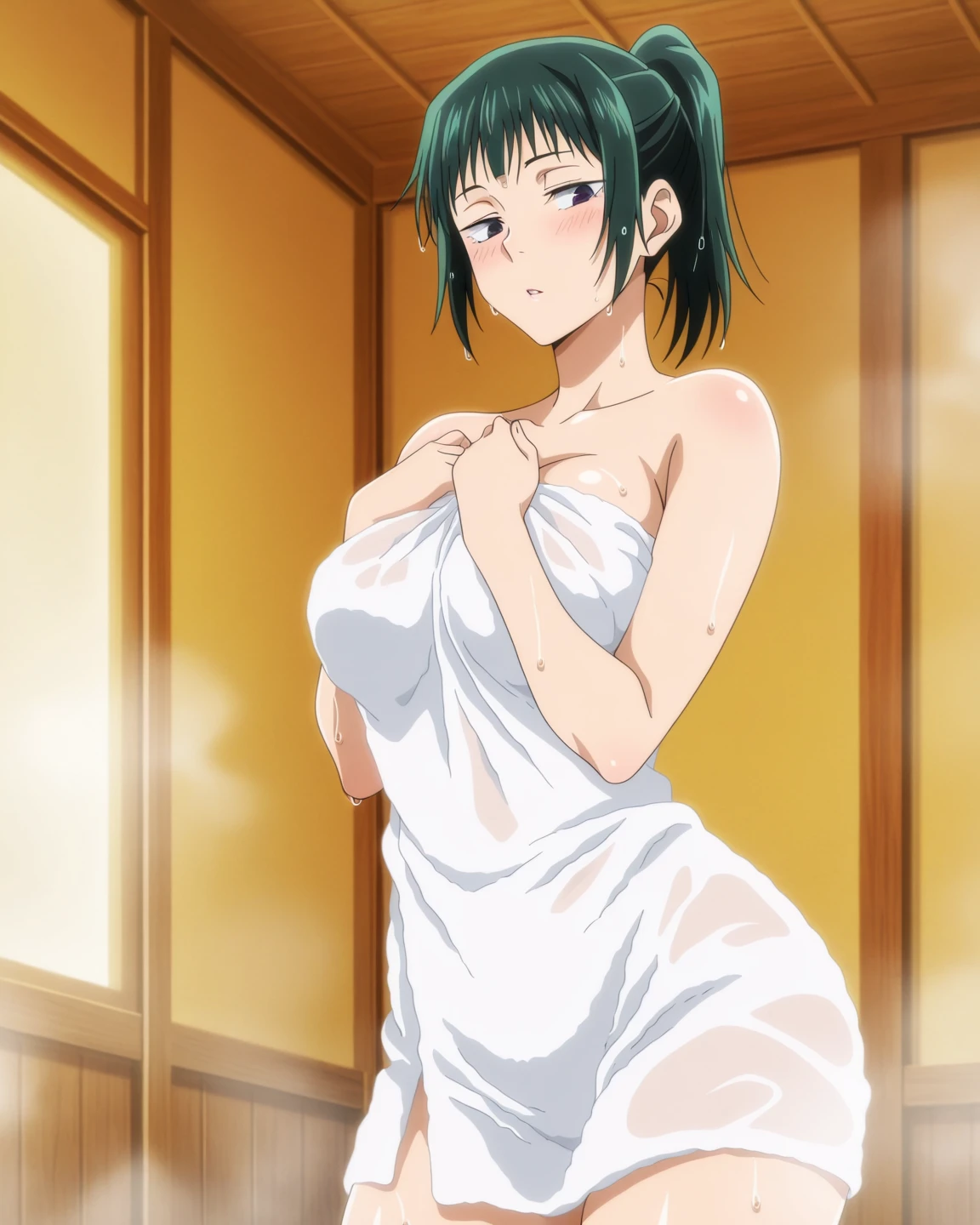 (artwork, best quality) a girl with short dark green hair, green eyes, big breasts, white short towel dress falling on her shoulder, upset, a little blushed, sitting, smoking, haze, inside a sauna box