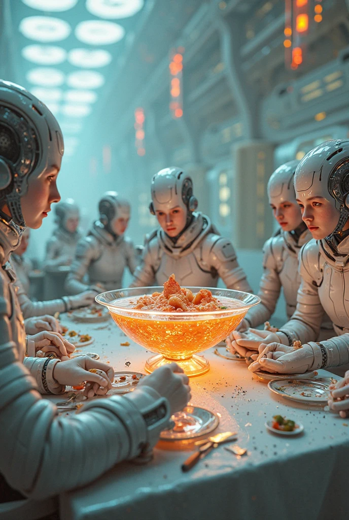 a group of lovely females (varied height and weight tending towards busty and full hips but athletic overall tone, varied races between Asian, Desi, Hindi, and Caucasian ) wearing scifi metallic swimsuits, extremely detailed and realistic,many women, beautiful detailed eyes, beautiful detailed lips, extremely detailed face, long eyelashes, detailed female body, sultry dance, metallic shiny swimsuit, tending to alien patrons in a star wars cantina (all manner of aliens are seated at tables eating bizarre foods and exotic drinks) , high quality, photorealistic, 8k, vivid colors, professional lighting, digital painting
