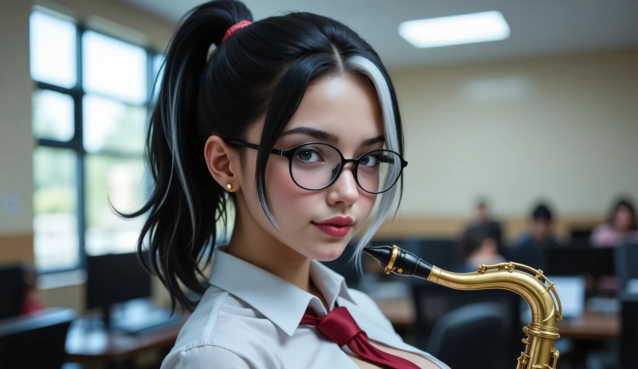 (masterpiece, best quality:1.2), Rikki , Rikka , 1girl, 12yrs old , early teenager , black hair platinum streak highlight, cute , a little sexy , a little nerdy , goofy , high school uniform , twin-tails , thick rim glasses, solo , depth of field, full body , detail surroundings , high school band room , holding alto saxophone