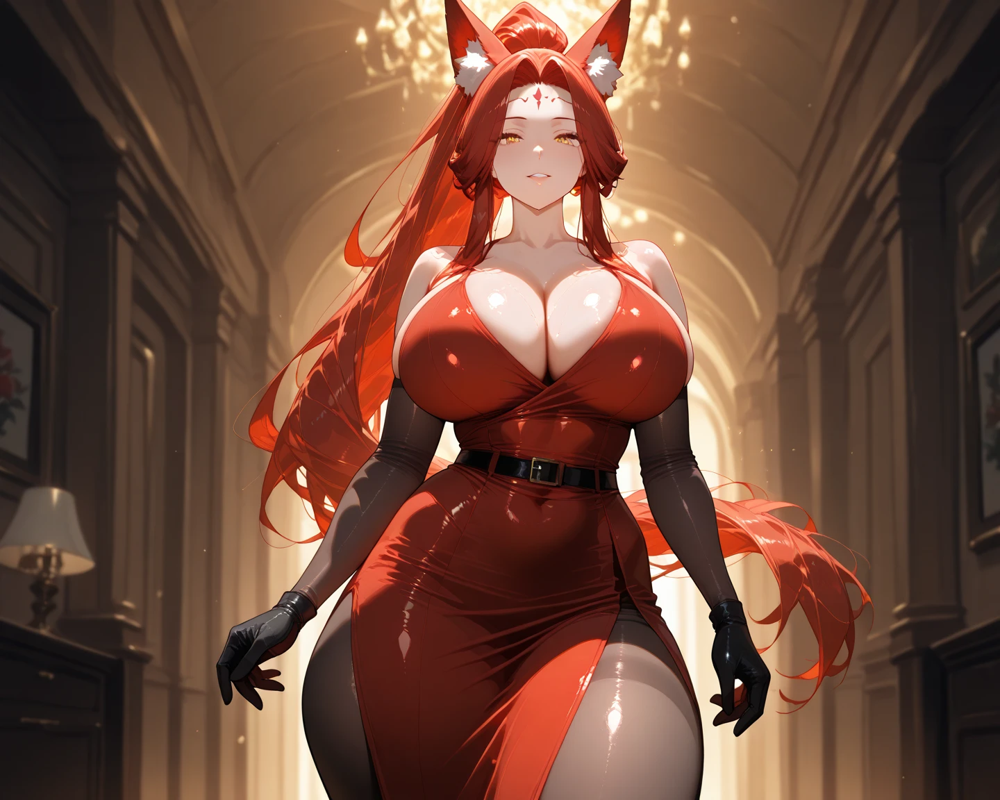 Zorra de nueve colas de color rojo y negro con tetas masivas desnuda