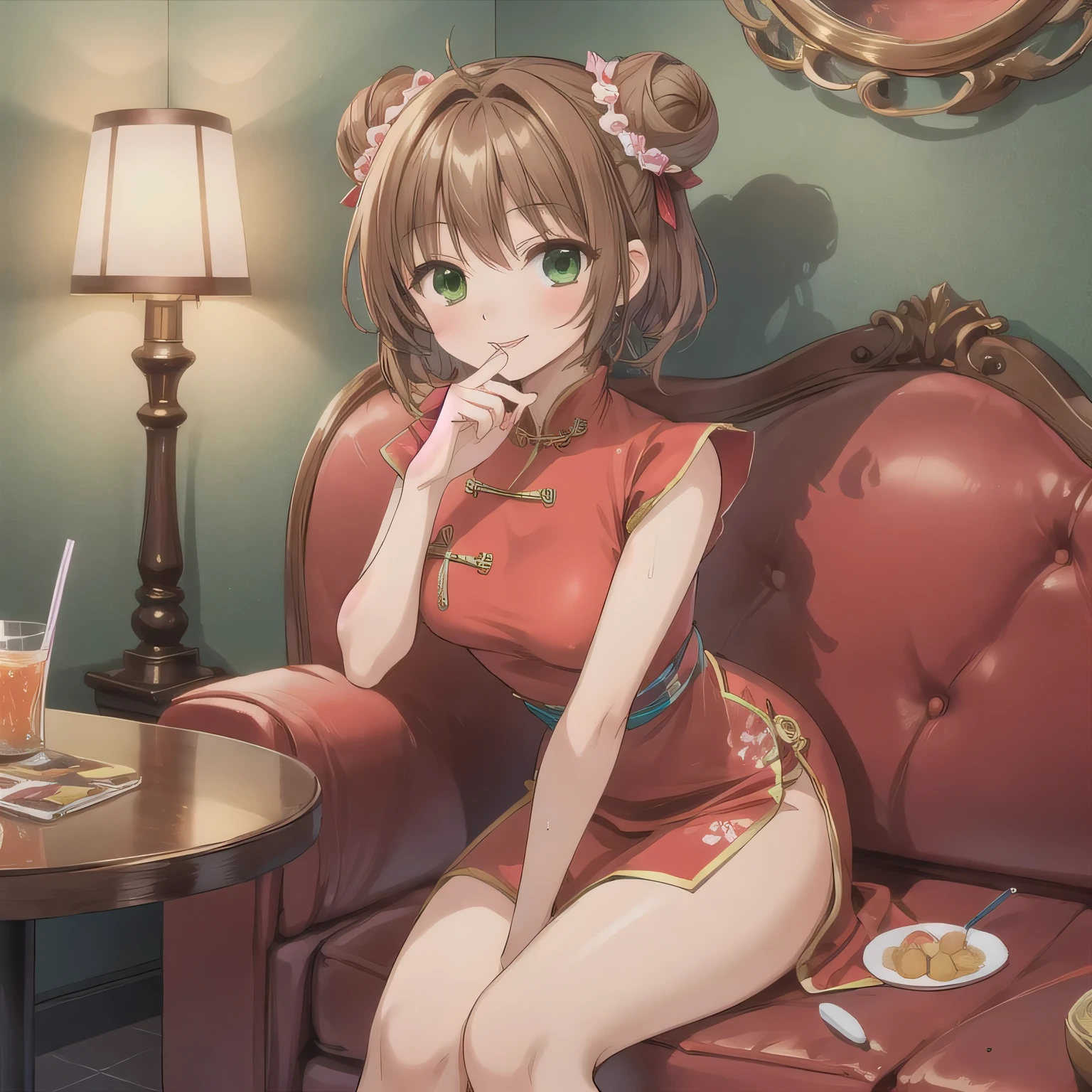 A cute girl, hair styled in two side buns, wearing a vivid red traditional Chinese dress with modest design details. She is sitting in a Japanese karaoke box, surrounded by a typical sofa, table, drink cup, and a moist hand towel. The background shows cozy lighting and interior decor common to karaoke rooms. She leans slightly forward, holding both hands near her mouth in a daydreamy, playful gesture, as if imagining holding something big and delightful. Her lips are softly parted, and she has a mischievous, cheeky expression. No food is visible. The overall mood is fun, slightly teasing, but tasteful and light-hearted. short hair, brown hair, green eyes.