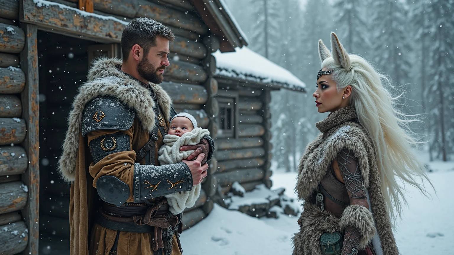 High fantasy, dwarf on right holding goblin on left, mythic background