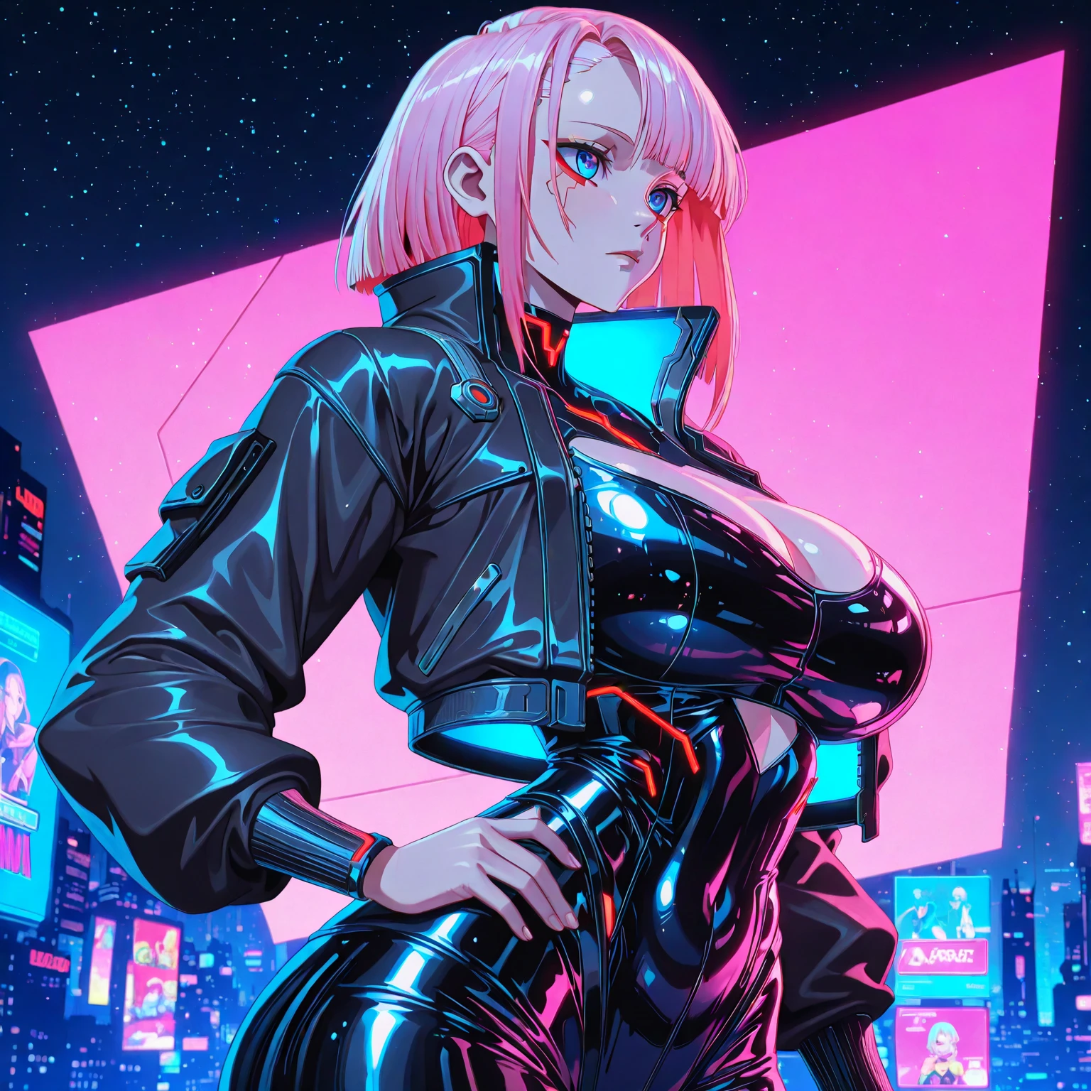Short pink haired android girl with huge breasts blindfolded with light skin in a destroyed cyberpunk city at night with low light