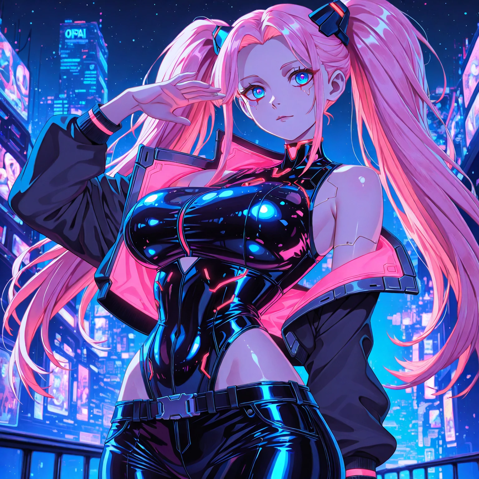 1 girl, night, sitting on a motorcycle dealer, neon, pink long hair, curly hair, character focus, bust shot, glowing jacket, functional outfit, smiling face