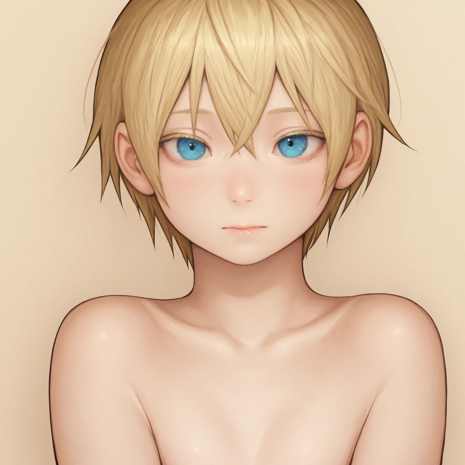Male, slim, Cute, bright eyes, Short blond hair, in your bedroom, looks at the viewer, shy, brief, naked male, upper body image