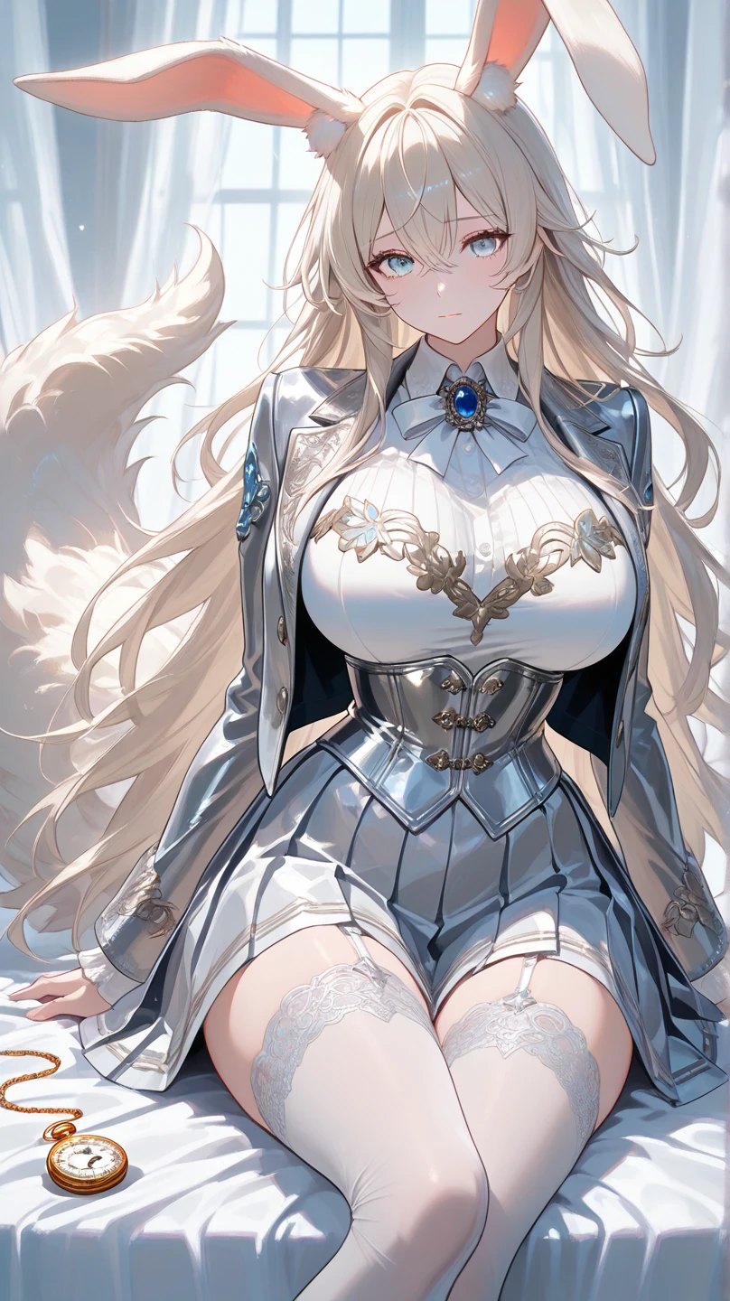 bright expression、Young shiny shiny white shiny skin、Best Looks、Blonde reflected light、Platinum blonde hair with dazzling highlights、shiny light hair,、Super long silky straight hair、Beautiful bangs that shine、Glowing crystal clear attractive big blue eyes、Very beautiful nice cute 16 year old girl、Lush bust,Beautiful detailed eyes, beautiful detailed nose,(( Full body:1.5)),Makeup that the eyes emphasize、,(Women like Joan of Arc)、Royal style，Comic style, , Sub-surface scattering, ornate detail, nature backdrop, Hyper-realistic, ((Cinematic)), Dramatic Lighting, masutepiece、((Off-the-shoulder white shirt dress:1.4))、((Fight on the battlefield))、(Loose and fluffy perm:1.4)、1 girl in、((Bob Hair:1.3))、Ultra realistic 8K CG, Picture-perfect face, flawless, clean, masutepiece, Professional artwork, famousartwork, Perfect face, Beautiful face, Beautiful eyes, ((Perfect female body)), Solo,(Immersive atmosphere, Chiaroscuro:1.5,Bright light:1.2,Luminous lighting),(blush:0.5),fascinated expression,Extremely detailed_Eyes,thick thighs,Large breasts,beautifullydetailedbackground,depth of fields,Realistic:1.3, longshot,Sitting, Full body, (ambient lights:1.3),(Cinematic composition:1.3),(Neon light:0.1),(nffsw:0.1),Accent Lighting, pantyhose,((dynamicposes))