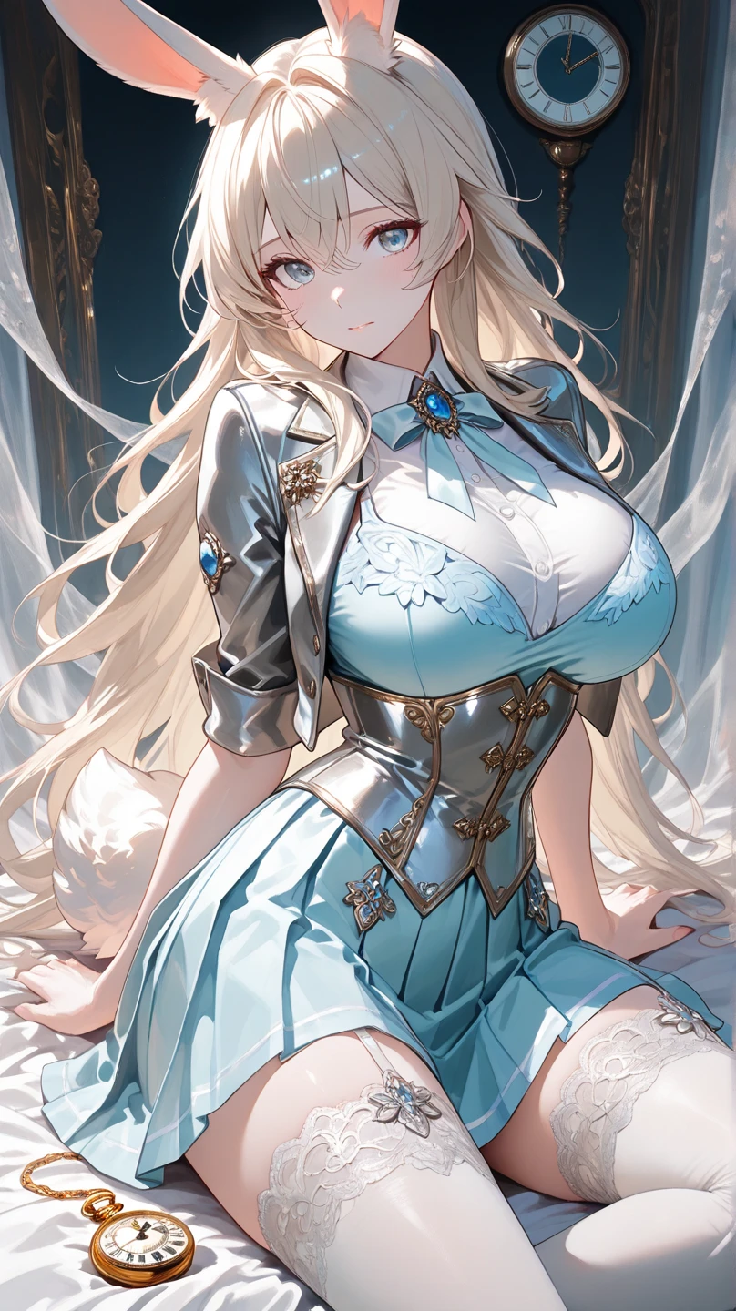 1girl, mature female, shiny skin, (masterpeice), (wallpaper), (high quality), (absurdres), <lora:sakimichan v1.6:0.7>, <lora:good_hands:1>,<lora:Cinderella:0.8>,cinderella, blonde hair, blue eyes, breasts, cleavage, dress, large breasts, long sleeves, looking at viewer, light smile, solo, striped, striped legwear, thighhighs, vertical-striped legwear, vertical stripes, white dress,braid,hair ornament, castle, outdoors, cowboy shot, skirt, panties,long dress, single braid, hands on own chest, wind lift,