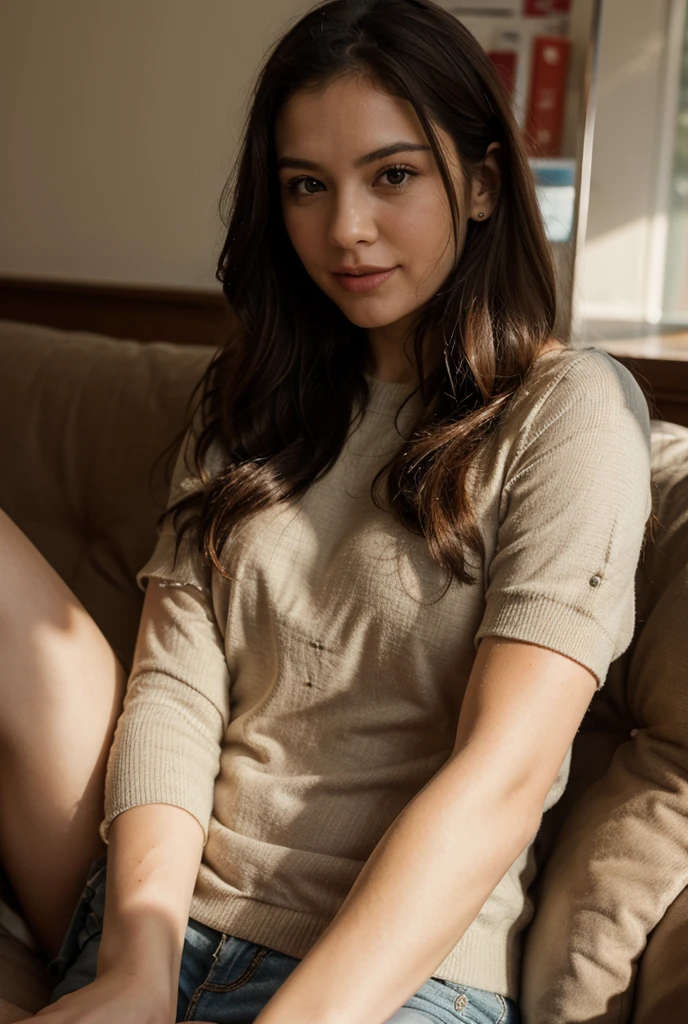 Imagen de hermosa mujer, llevando albornoz, joven, feliz, cabello rubio, ojos azules, sofa, tumbada, log fire, Lumberjack clothing