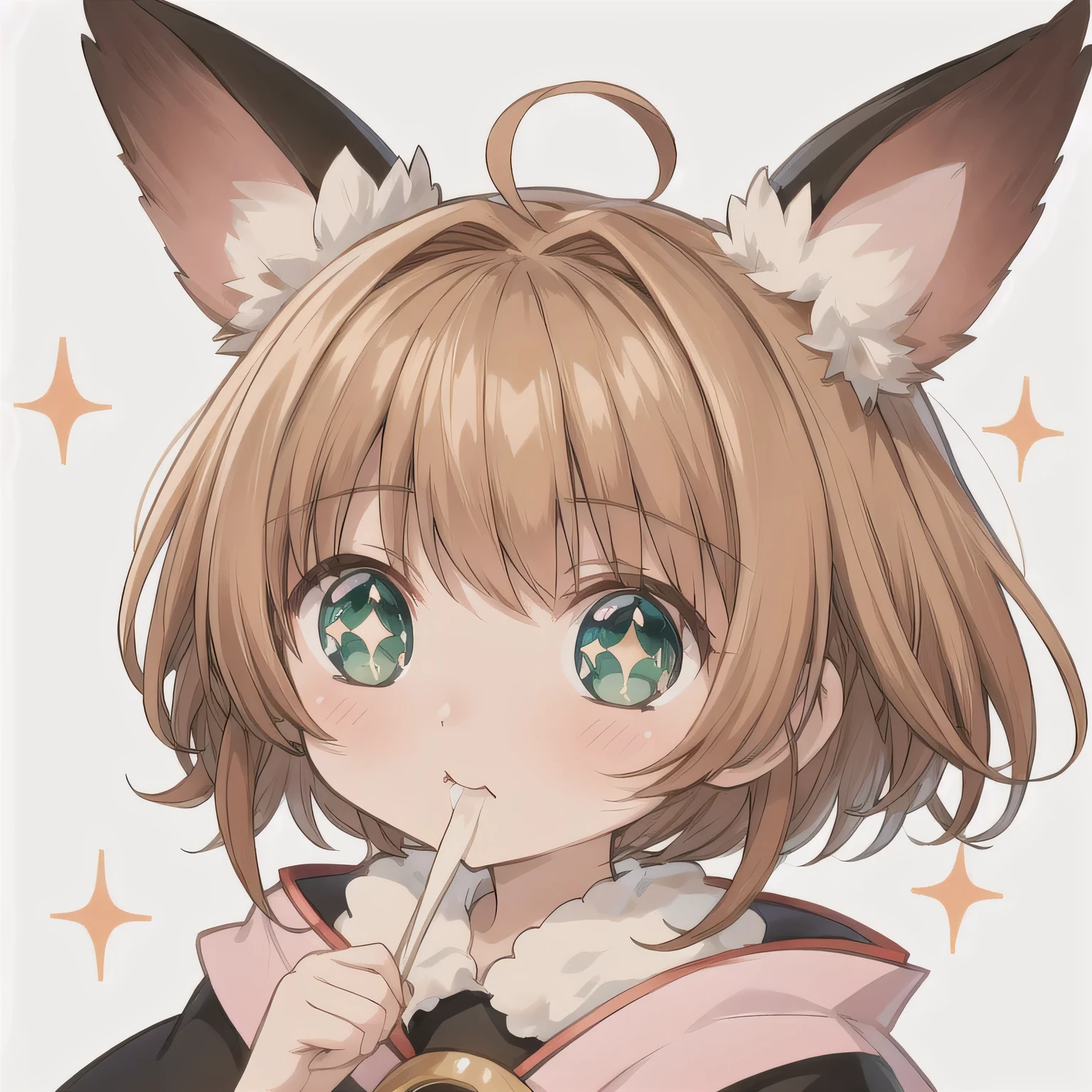 A Japanese anime-style chibi girl, 3-head-tall, super round body and head, deformed proportion, big sparkling eyes, small nose and mouth, cute and soft illustration, simplified color palette, masterpiece, her mouth is empty, nothing in her mouth, no objects around the mouth, not eating, not holding anything, natural facial expression. short hair, brown hair, green eyes.