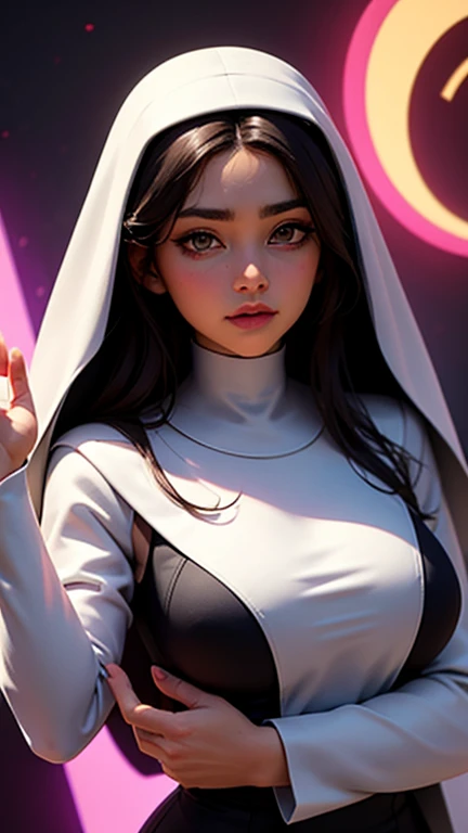 garota,, pequeno, Shy, bunda grande, catholic nun outfit , dynamic pose, Quente, soft or colored lips, fundo simples, perfect hands, anatomia perfeita, Inclina Jennifer Connelly estilo Cartoon estilo illustration digital estilo GTA matadora de vampiro com uma bíblia na mão e uma estaca de madeira na outra realista, 1 garota, accent lighting, brilho, obra de arte, melhor qualidade, 1 garota, cabelo longo loiro ondulado, olhos azuis, equestrian uniform, (obra de arte:1.4), melhor qualidade, ((realista)), alta qualidade, ultra detalhado, (illustration:1.05), (lindo:1.05), (lindo detailed eyes:1.05), (Cinematic Light:1.1), corar, lua, noite, rosas, rosa pastel, Gothic Tetradic Colors, brilho, seios grandes, coxas grossas