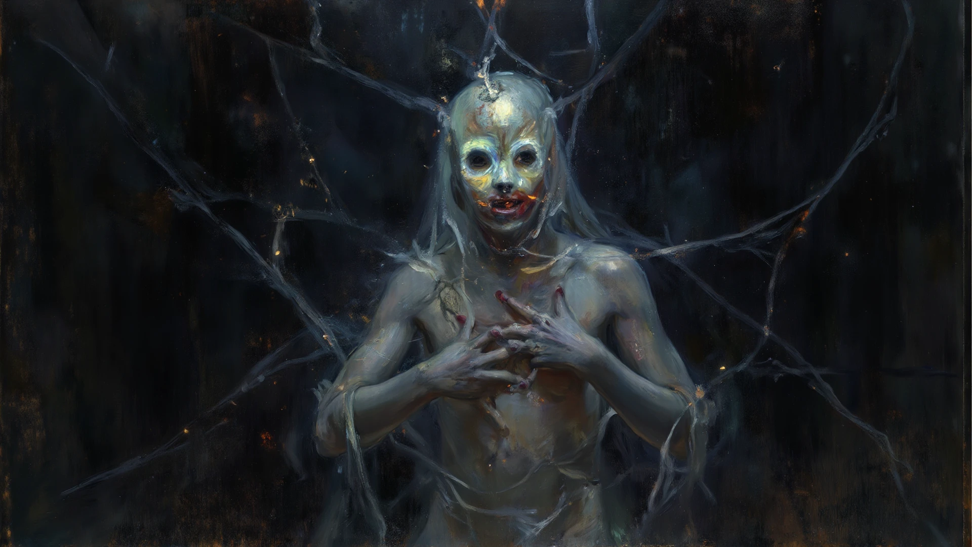 ((best quality)), ((masterpiece)), (detailed), long shot, nude pale women, big , tentacles face, very tall, very long black hair, flying upside down, alone in gloomy dark mist creepy abandoned bedroom,wearing transparent, artistic, extra details, ultra details