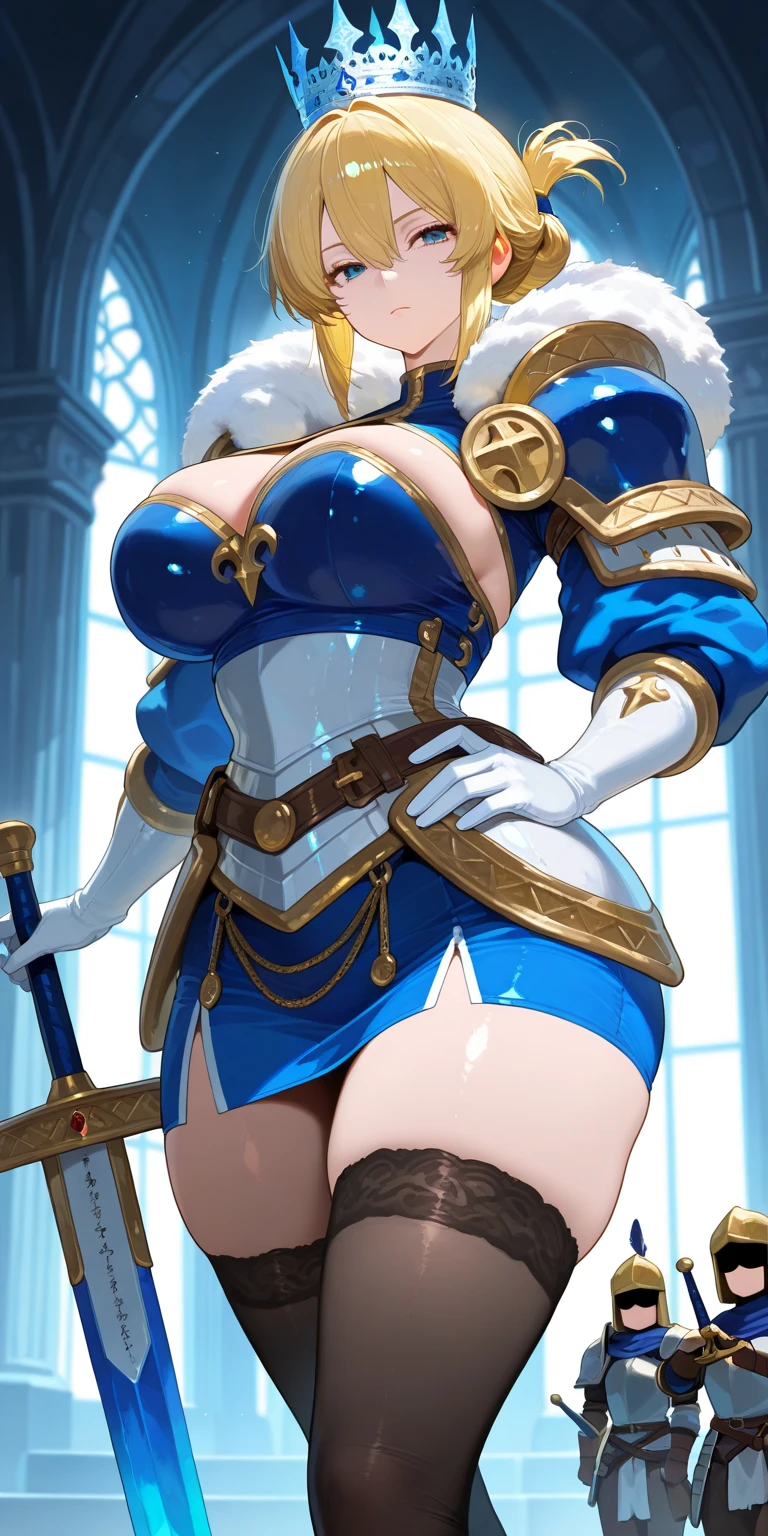 Lian, light blue hair, single hair bun, hair stick,bangs,blue eyes, solo, smiling, standing, upper body, hips, bare shoulders,purple thighhighs,red dress, gold jewelry,armor,gloves,circlet, cleavage, red and gold royal castle, gigantic breasts, (best quality, masterpiece, beautiful and aesthetic:1.2, highest detailed face, perfect face,)  eyes, perfect face,expressive eyes,
looking at viewer, in the center of the image,(Upper_body),(Focus on her face),
official art,extremely detailed CG unity 8k wallpaper, perfect lighting,Colorful, Bright_Front_face_Lighting,shiny skin, 
(masterpiece:1.0),(best_quality:1.0), ultra high res,4K,ultra-detailed
