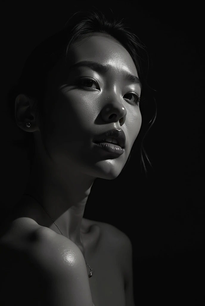 a slender and skinny chinese woman in her 30s, sensual fine art nude, monochrome, dramatic lighting, high contrast, minimalistic background, elegant pose, chiaroscuro, Helmut Newton style, sophisticated, alluring, dramatic, powerful, cinematic, fashion photography