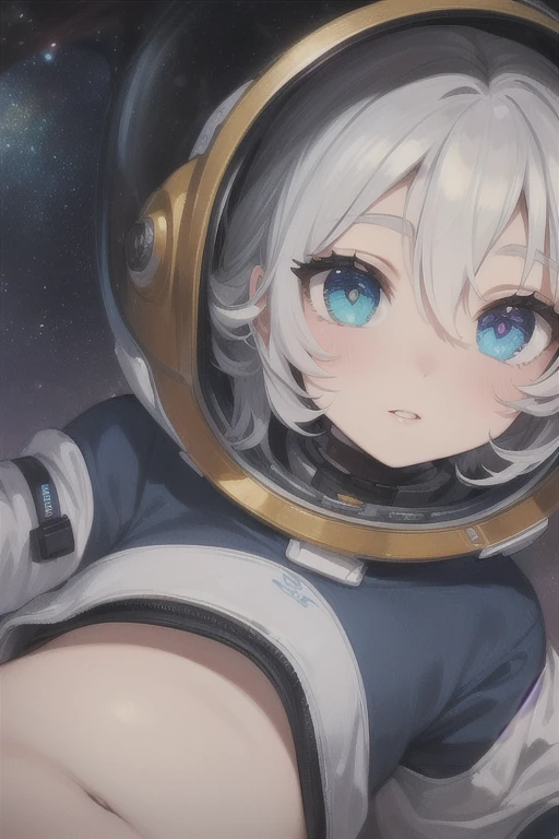 Non-sensitive,(Head close-up)、Hidden nipples,Hidden crotch,A naked girl floating in space,Naked and wearing a space helmet,A helmet reflecting light, hiding her face,A mysterious light conceals the chest and groin area.