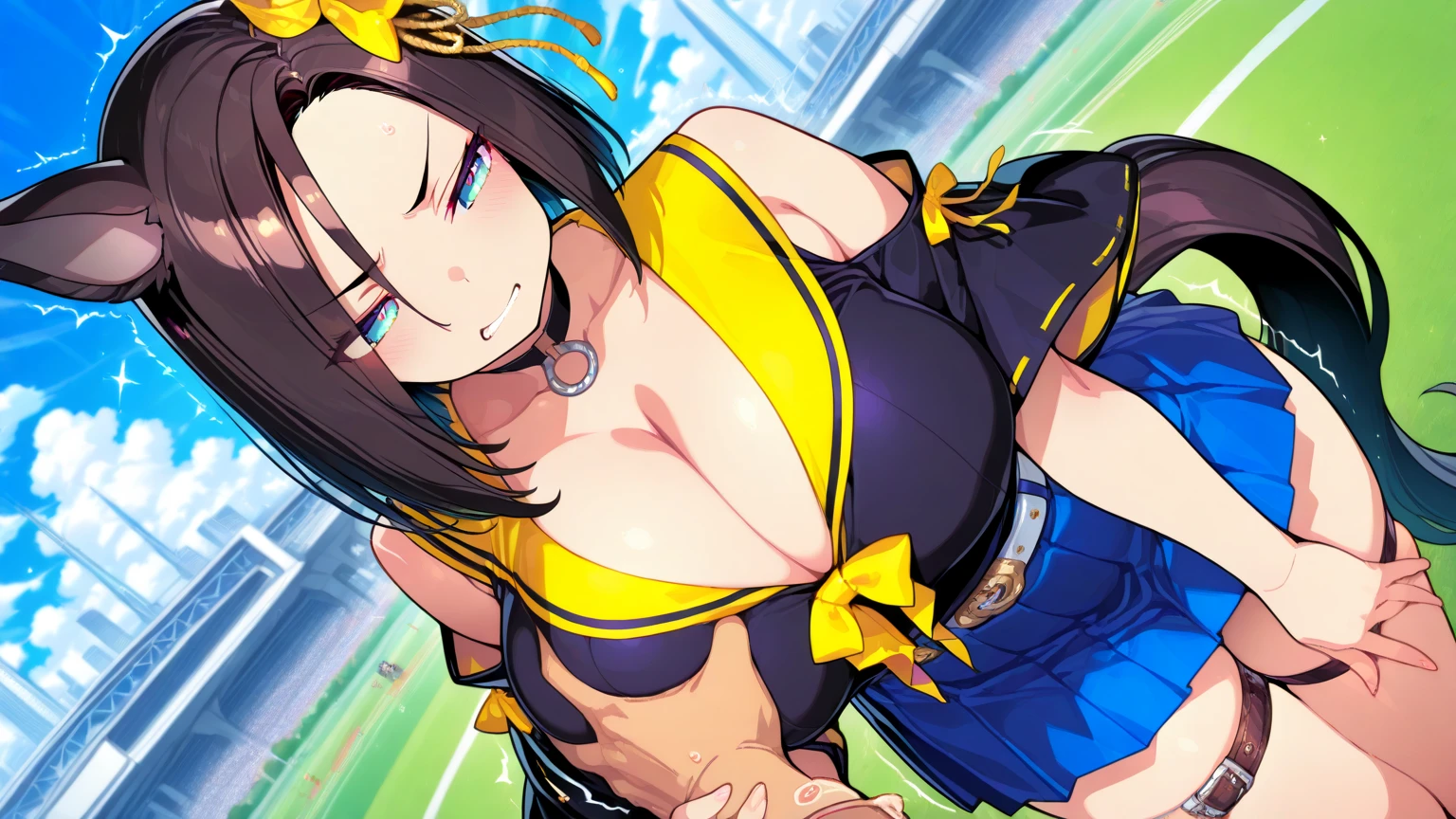 (Marnie),(serena),(lusamine),beautiful,masterpiece, (smir),((gigantic breasts)),smile,best quality, (pink crop top:1.2), outdoors,sunny,(1girl:1.3), thighhighs, wide hips,(loose top), (milf), hyper realistic, bending forward, solid top, boob window, Slutty , slutty expression