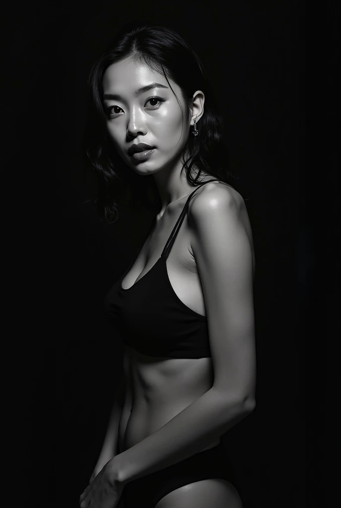 Full body photo of a young, stylish Asian woman , Sweat-soaked clothes,Art Photography