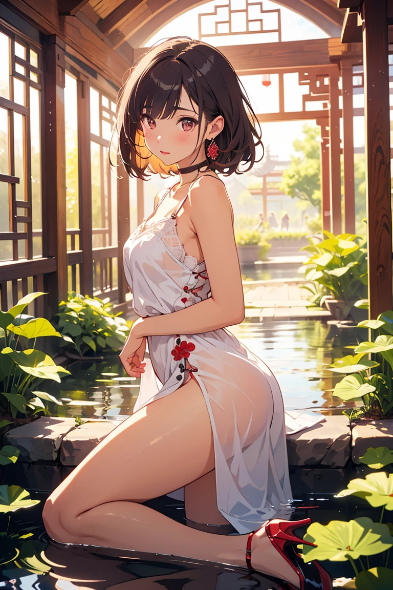 best quality,masterpiece,1girl,solo,(((NSFW))),(((9years old))),japanese girl,an extremely cute and beautiful girl,highly detailed beautiful face and eyes,petit,cute face,lovely face,baby face,shy smile,show teeth,black hair,medium short hair,Hairless pussy,flat chest,skinny,slender,(((wearing a wet transparent white mini Chinese dress))),(((standing in a flower garden))),she is looking at the viewer,hands lift up dress,(upskirt above the waist:1.1),(no panties:1.1),(legs spread wide:1.1),(no bra:1.1)