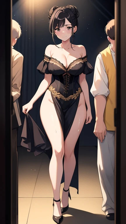 anime, ultra detailed, hyper detailed, best quality, highres, 4K, master piece, 1 female, 28-year-old, Navia, sexy lingerie, gigantic, huge breast, France city, crowded,