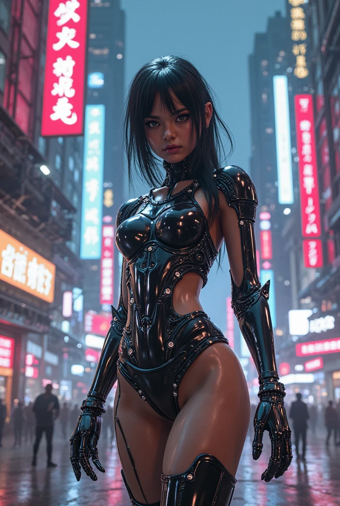 ((Masterpiece stunning Anime illustration)), ((extremely delicate and beautiful cybernetic girl)), ((highly detailed face)), ((mechanical limb, mechanical vertebrae)), ((mechanical cervical attaching to neck)), (wires and cables attaching to neck:1.2), ((mass of wires and cables on head)), ((wearing colorful Harajuku tech jacket with logo)), (dynamic pose), ((cowboy shot)), (masterpiece), (((best quality))), ((ultra-detailed)), (highly detailed photorealistic CG illustration), cinematic lighting, science fiction, extremely detailed,colorful,highest detail, (((cyberpunk city background, (Blade Runner), Harajuku district))), NSFW