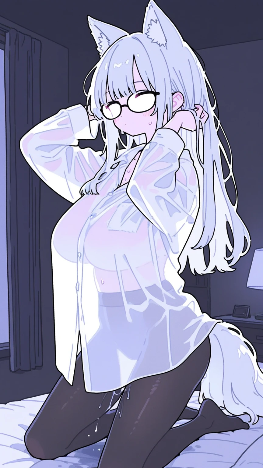 A 20-year-old female angel with long hair, white hair, yellow eyes, cat ears, breasts, and white angel wings. A glowing yellow halo ring above his head, wearing round glasses. (White halter turtleneck sweater, white purekiller sweater, sleeveless, sexy backless sweater, white dress) white arm warmers white panties Open mouth, stick out tongue, stand, look down
