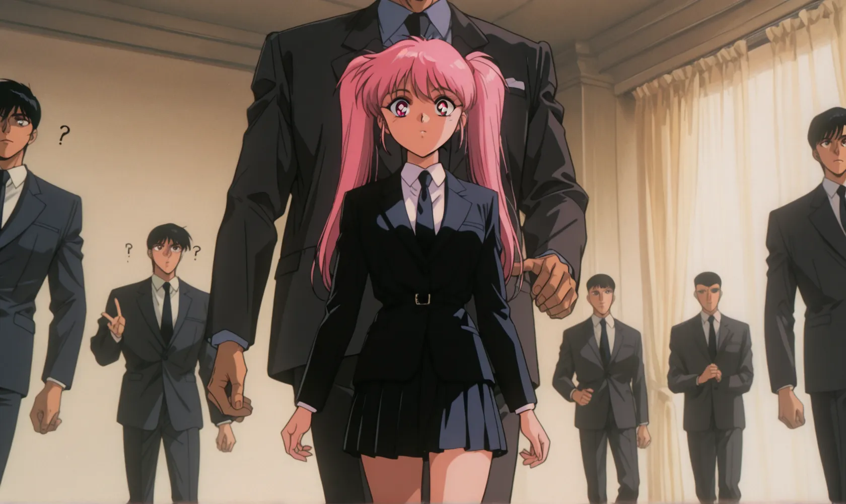 1990s \(style\), 1girl, pink hair, medium hair, blue eyes, black leather, leotard, nipples, choker, o-ring, shibari, hands behind back, indoors, theater, red curtain, cowboy shot <lora:cool_devices_11:1>, score_9, score_8_up, score_7_up, score_6_up, score_5_up, score_4_up, BREAK source_anime, masterpiece