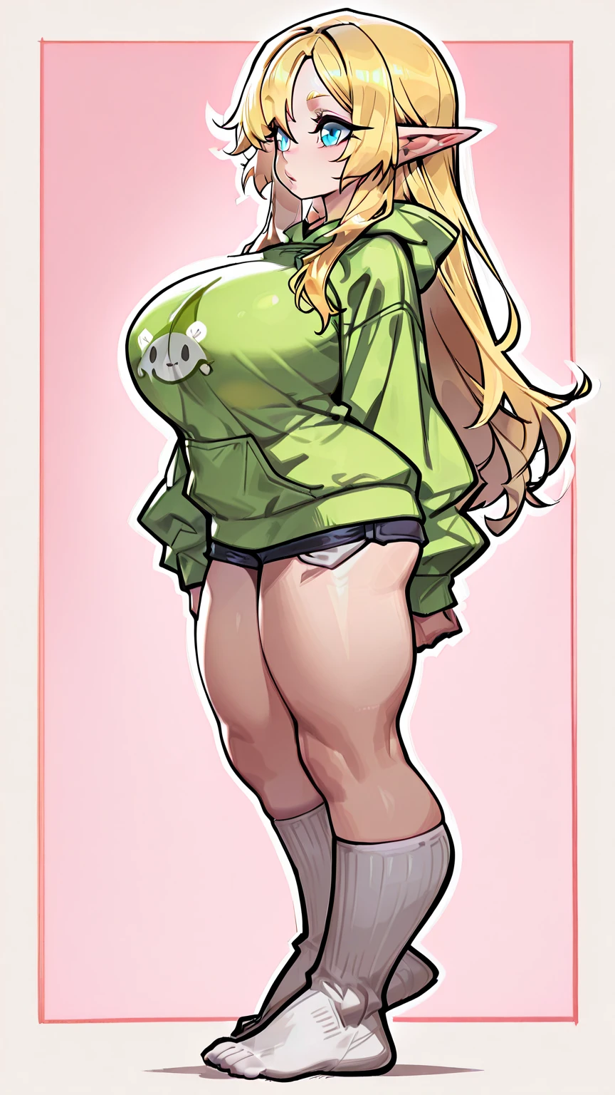 high_aesthetic: art by Lazorchef, ((Masterpiece, best quality, perfect lighting, amazing shading)), perfect anatomy, field of depth, extremely beautiful, long blonde hair, hair ribbons, green eyes, green ribbed sweater, leggings, cute smile, (chubby), high waisted belt, blushing, (cowboy shot), (elegant pose), simple background