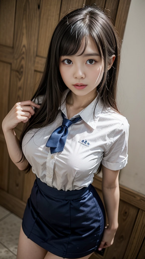 Asian、model、Black Hair、Long Hair、Big Breasts、Topless、school uniform、Japanese-style room、A woman lifting her clothes to reveal her breasts