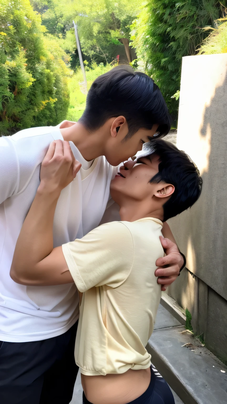A shota shows off his muscles，Shirtless，in the garden，Show the whole body，Another handsome guy touches his body，yaoi，kiss，Positive face