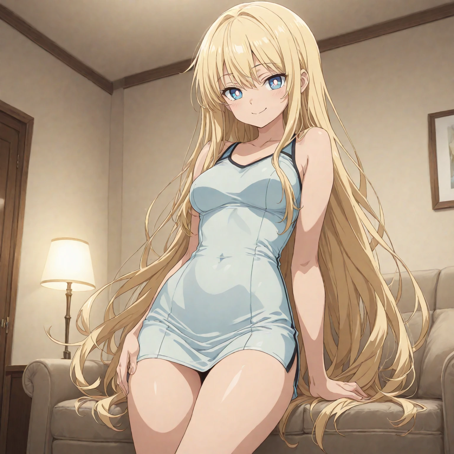 anime girl in a white dress squatting on the street, see through dress, blue fancy panties, blue fancy bra, long blond hair, smile, blushing, hairy vagina, pubic hair, pubic hair peek, hand in panties, wet