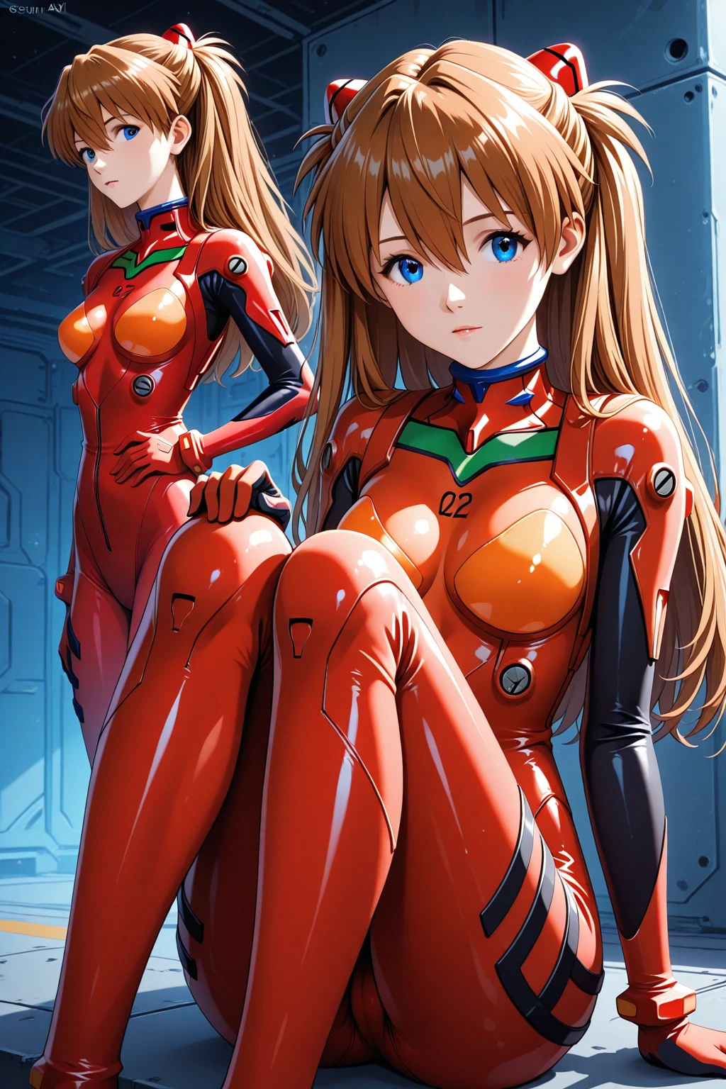 (masterpiece, Highest quality:1.3), (Super detailed:1.4),(Super detailed顔:1.2),(Super detailed目:1.2), (hyperRealistic:1.3), (RAW Photos:1.2), High-definition RAW color photos, Professional photos, (PhotoRealistic:1.4), (Realistic:1.4),8k,Professional Lighting, Perfect Anatomy, BREAK,(Big Breasts:1.4),(blush:1.2),(Bright smile:1.3),detail, Sharp focus, dramatic,dutch angle,(Sexy gravure pose:1.3),asuka langley soryu, (souryuu asuka langley:1.2), long hair, bangs, Blue eyes, brown hair, hair ornament,bodysuit, pilot suit, plugsuit, (red bodysuit:1.5), interface headset,