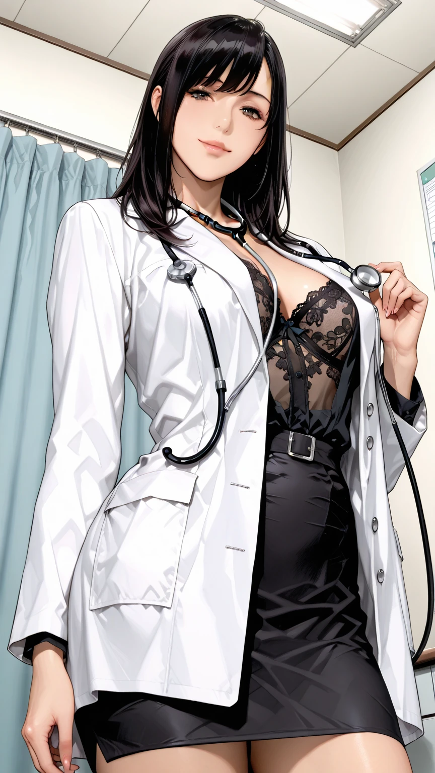 masterpiece, hot shot, ((best quality)), absurdres, perfect antomy, Tae Takemi, (Small smile), necklace, choker, dress, (Big breasts:1.3), braless, defined abdomen, labcoat, standing, doctor office background, sexy pose