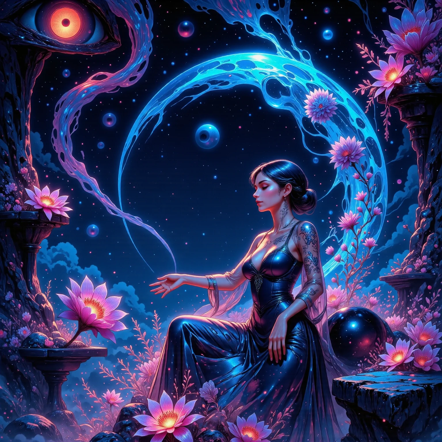 ((Best quality, 8k, Masterpiece :1.3)) beautiful woman: 1.3, beautiful face, showing back, saturated colors, psychedelic image, LSD, mandala, fractral, costume, tattoo, painted body, wedding outfit, body leaning forward, art similar to Alex Grey's art, lots of color saturation, vortex, ultra realistic, planet earth, galaxy, with lots of lighting, shading and contrast, RPG,  Mage, colorful eyes, 3D depth