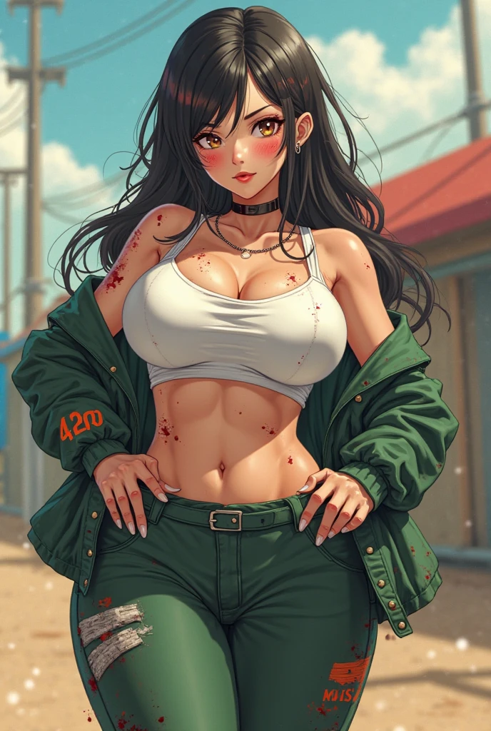 (Masterpiece, Best Quality, Details Shiny Skin: 1.2), Flawless, 8k, RAW, High Resolution, (1 Girl: 1.3), Realistic Textures, Torn Jeans, Green Crop Top, Ultra Shorts, perfect big Breasts, Bare Shoulders, Belly Button, ??????, black Hair, Long Hair, Straight Hair, green eyes, Wavy Updo, Olive Skin, High Quality Face