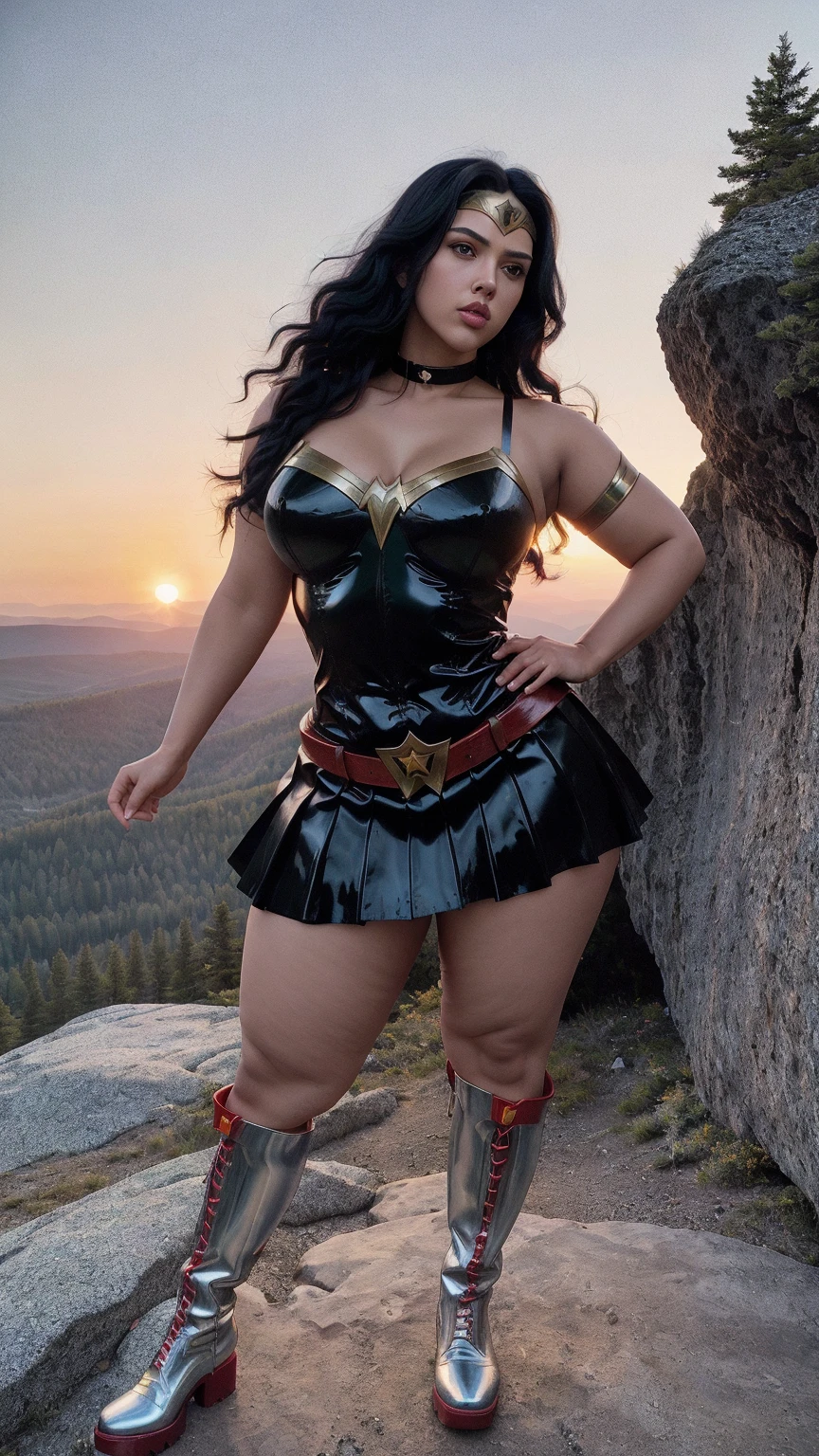 Beautiful woman, voluptuous, big ass, , (( shoulder length curly brunette hair, two side up with bangs, ringlets, shoulder length curly brunette hair with bangs, two side up, ringlets, shoulder length curly brunette hair with bangs, two side up, ringlets,)), full body, (holding a sword and shield), sexual facial expression, Glossy enamel superhero white and gold costume, (sexy with bodysuit), (Glossy enamel white superhero cosplay), romantic background, UHD, 32k, 8k, dark skin, dripping wet, wet body, ((Only, full body view, standing, spread legs, facing the viewer, 1girl, background of garden, stone walls and pathways, wisteria trees, outside of mansion, official art, extremely detailed ,,)), Hyper_girl, ((Standing in the middle TOP OF A HIGH ROCKY MOUNTAIN, SUNSET, BLUE SKY,)) , (Thick thighs:1.2)